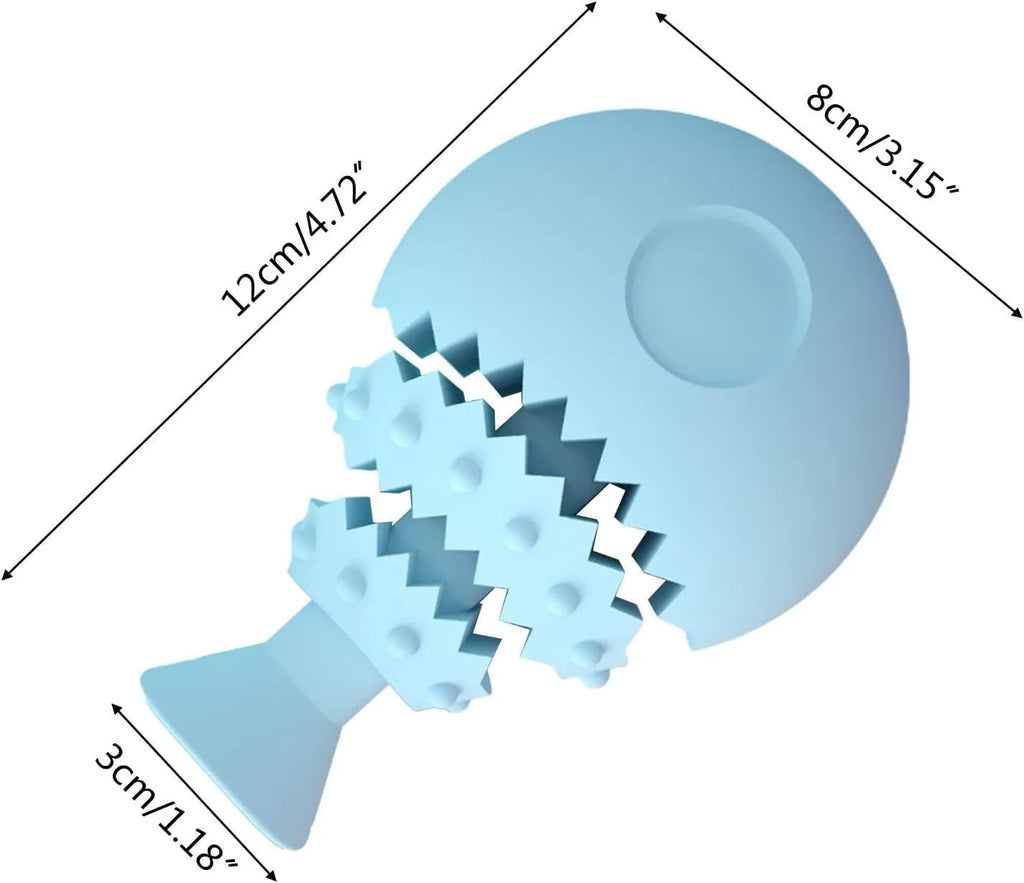 Blue fish bone shaped hollow dog chew toy on a white background