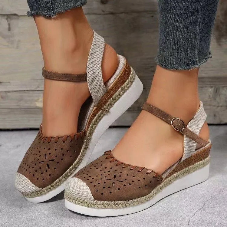Women's casual wedge shoes with hemp rope platform and breathable PU upper in round toe design