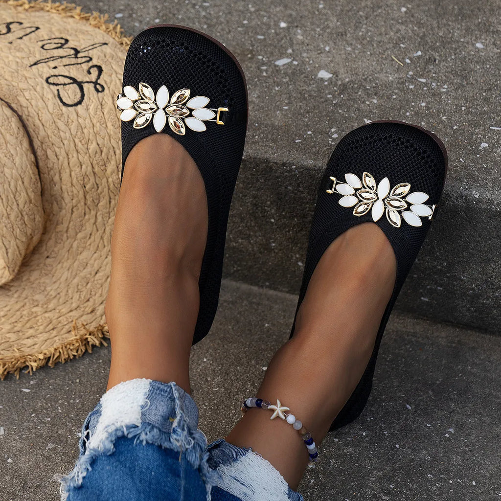 Women's round toe flat shoes with floral metal decoration, mesh upper, flat heel, available in beige, black, and blue
