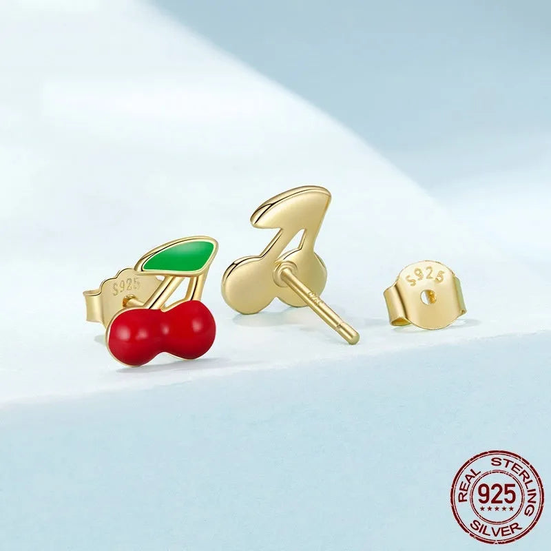 Pair of red cherry shape 925 silver stud earrings with glossy drip oil finish
