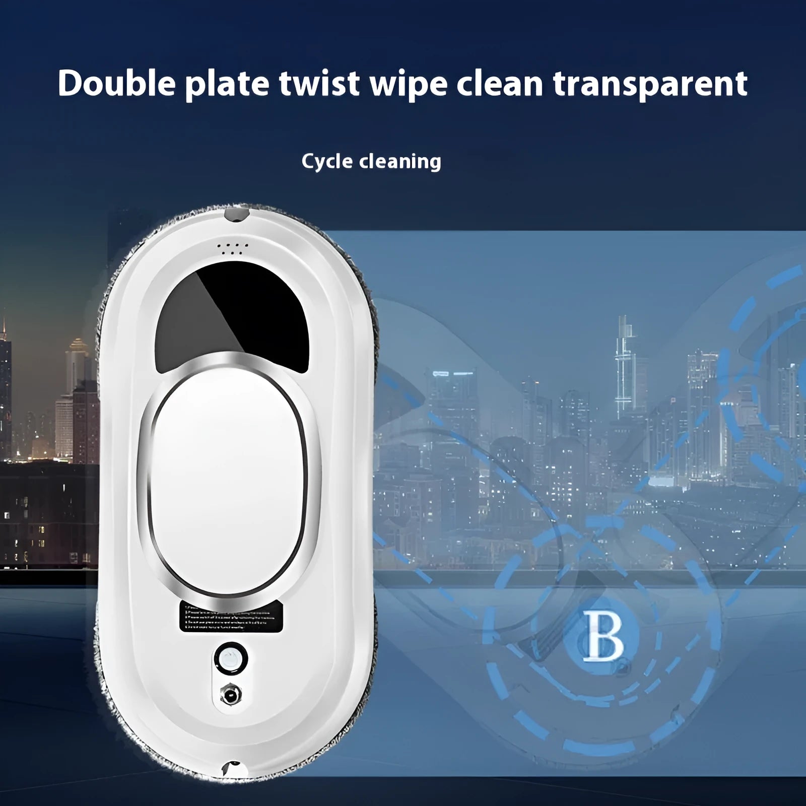 White automatic high-altitude window cleaning machine with remote control on a windowsill.