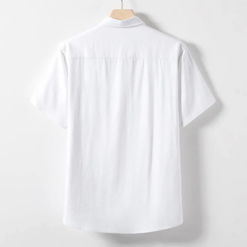 Men's loose fit linen T-shirt with lapels and short sleeves in solid colours