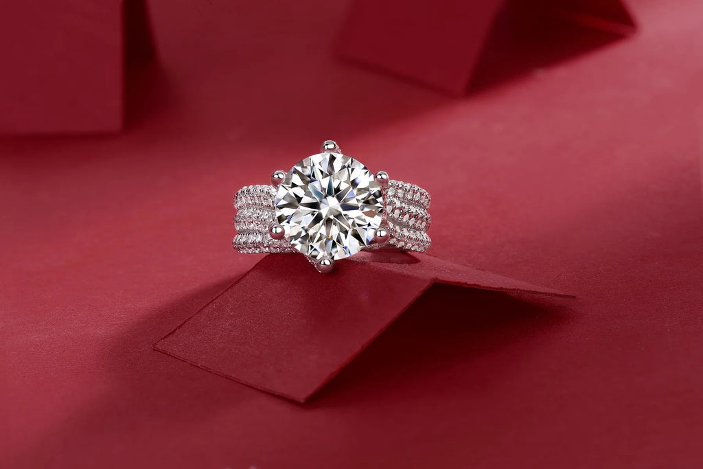 Eternal Vow wedding ring set with 5-carat moissanite in platinum-plated S925 silver band with gift box and GRA certificate