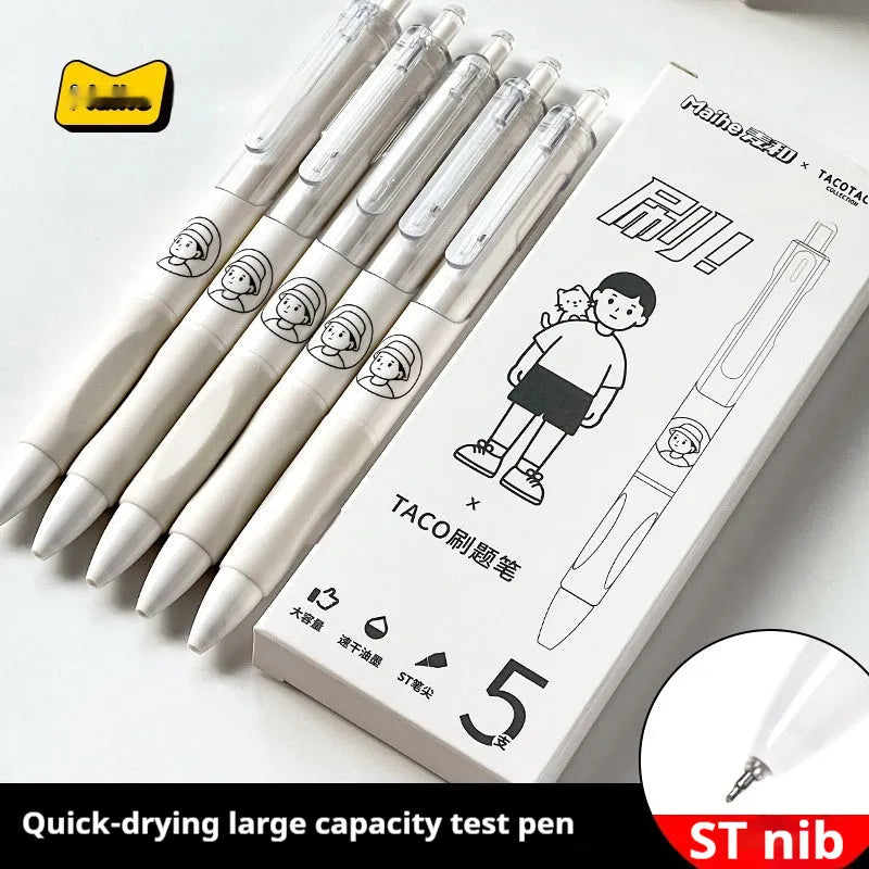 Five Taco brand black ballpoint pens with 0.5mm tips laid side by side.