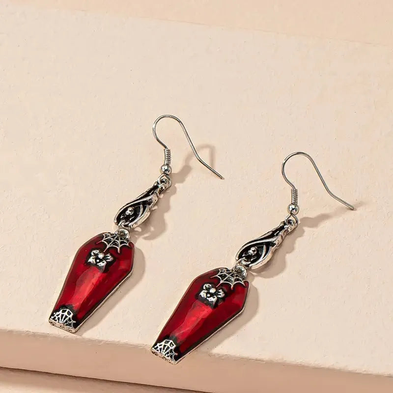 Red alloy Halloween earrings with bat and spider geometric drop design