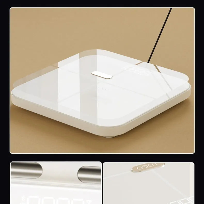 White professional 8-electrode smart body fat scale with tempered glass platform and LED display.