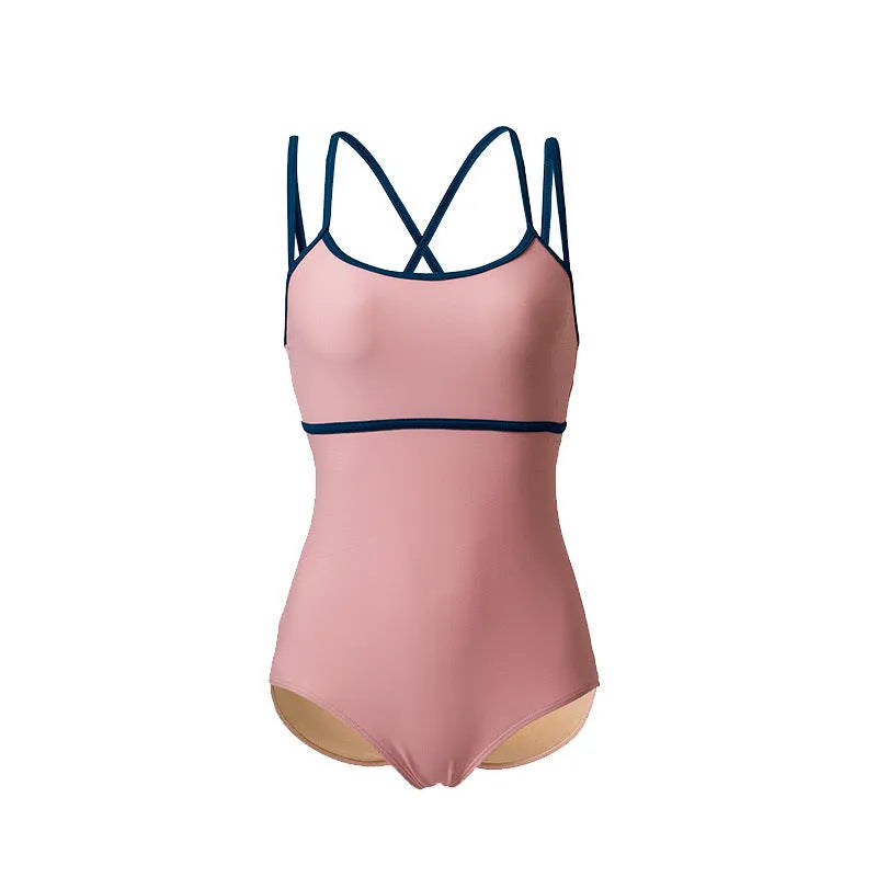 Women's simple backless sling one-piece swimsuit in nylon spandex available in white, pink, and green