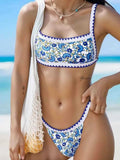 Green high elasticity polyester bikini set with backless briefs for swimming and fitness.
