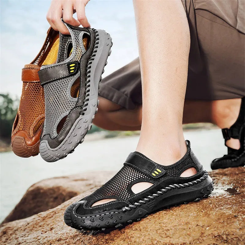 Men's casual sandals with breathable mesh upper and Velcro strap in black, brown, and grey.