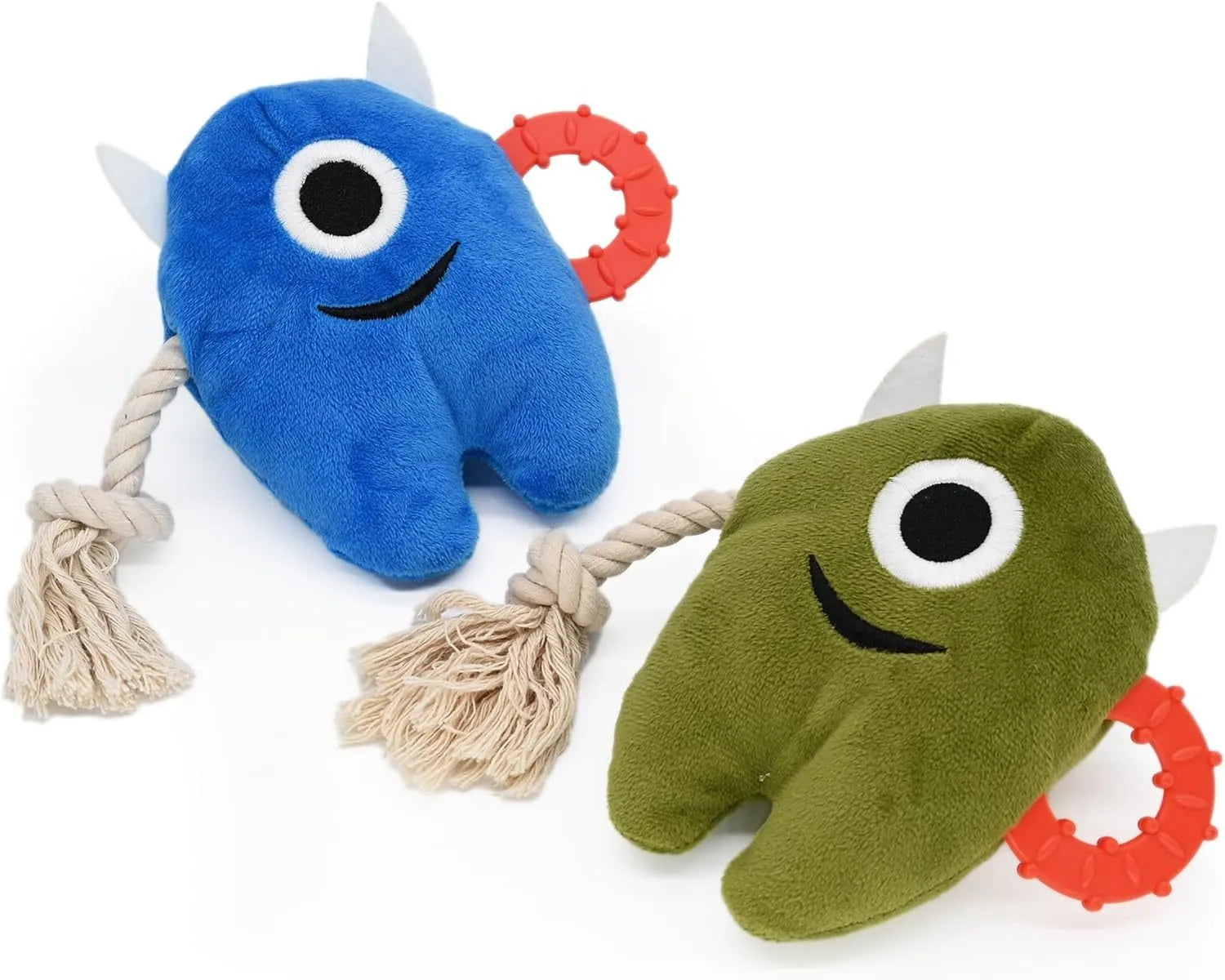 Blue and green plush monster dog toy with cotton rope sections and a squeaker