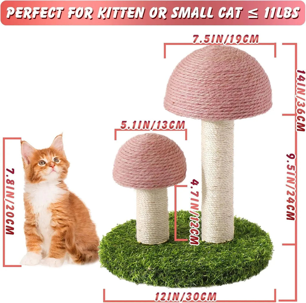 Pink mushroom-shaped cat scratching post with natural sisal caps and pole for small indoor cats