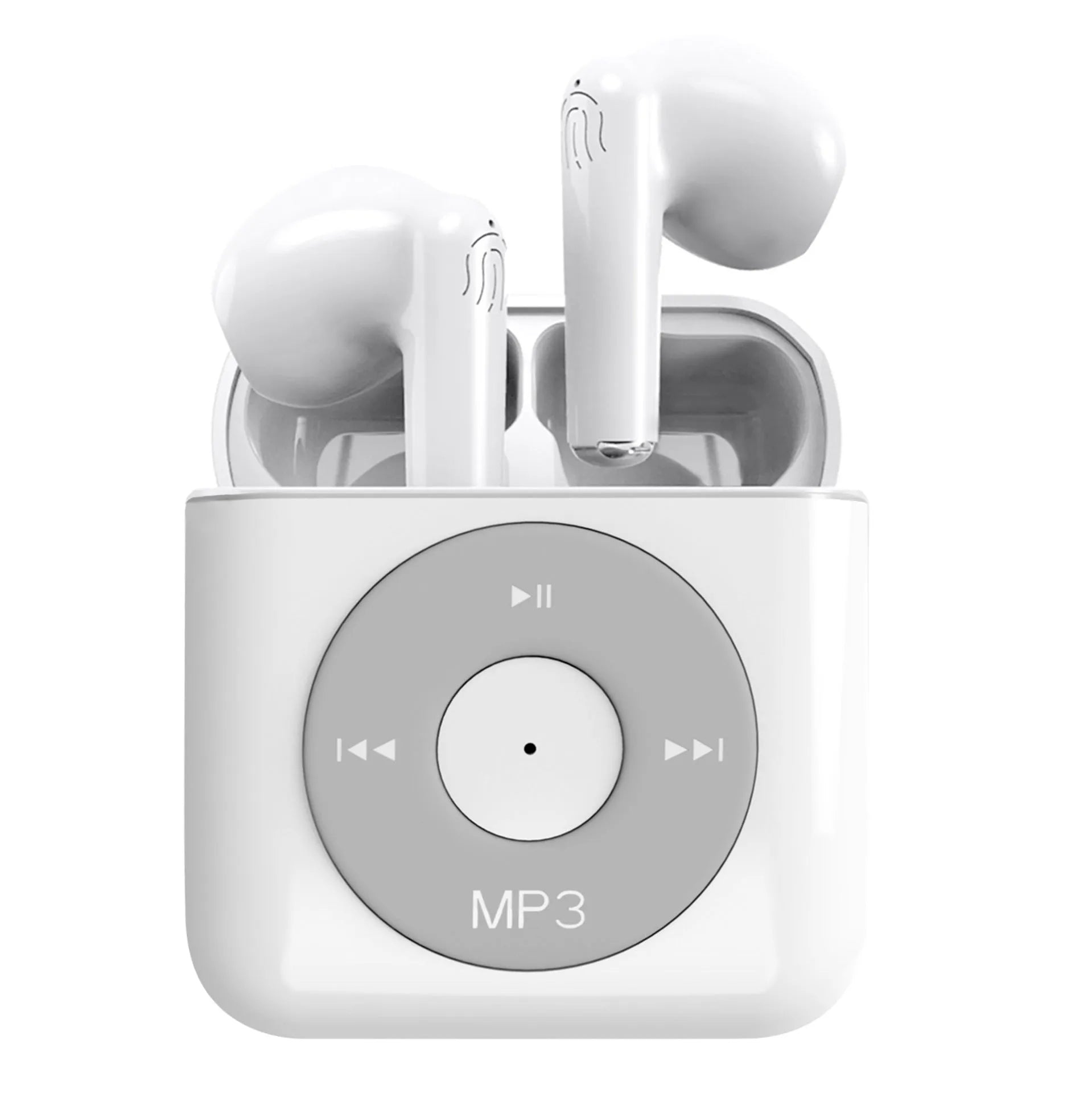 White wireless Bluetooth earphones and matching charging case with 32GB storage on a grey background.