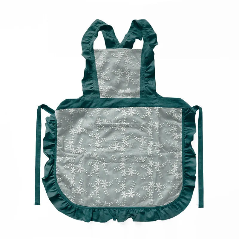 Minimalist cotton linen X-strap kitchen apron in solid colour with lace detailing