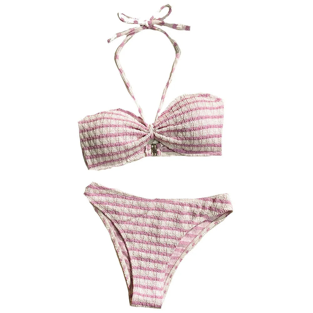 Women's pink and black striped bikini swimsuit top and briefs on a mannequin
