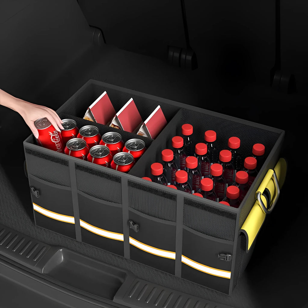 Black and yellow foldable car boot storage organiser bag with handle