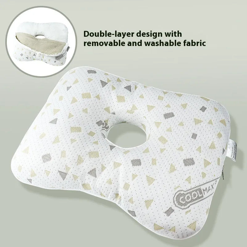 Beauty salon single hole ear pillow for adults in grey plaid pattern, showing dimensions.