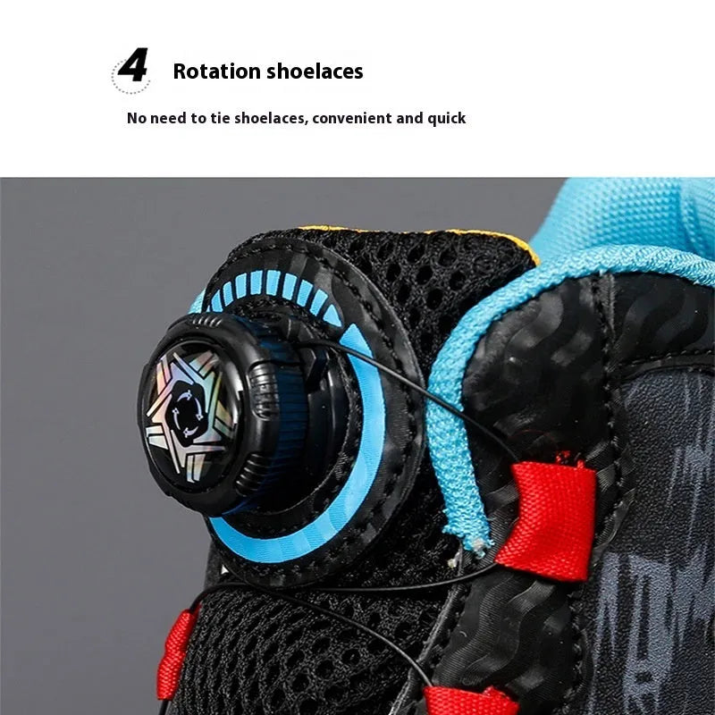 Children's rotating button basketball shoes in synthetic leather, showing waterproof design and colour options.