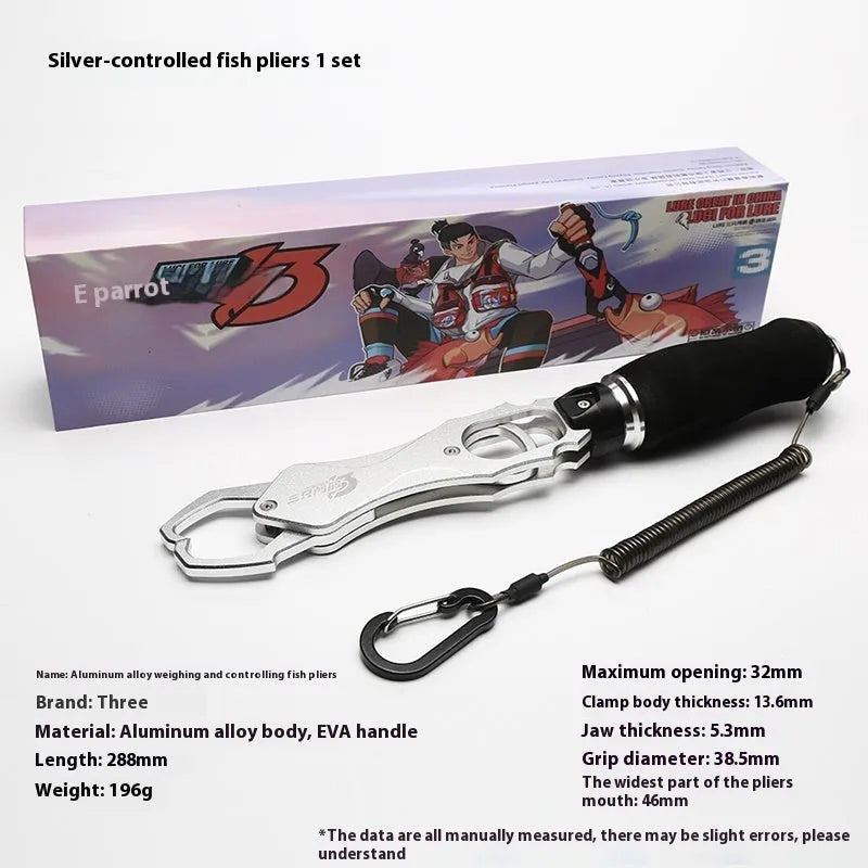 Gray aluminum alloy multifunctional fish tongs with weighing control scale and EVA handle, 288mm