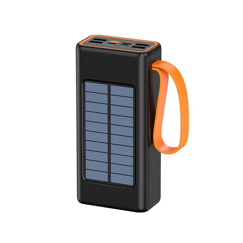 Black solar power bank with camping lamp, plastic casing, 148x71x42mm