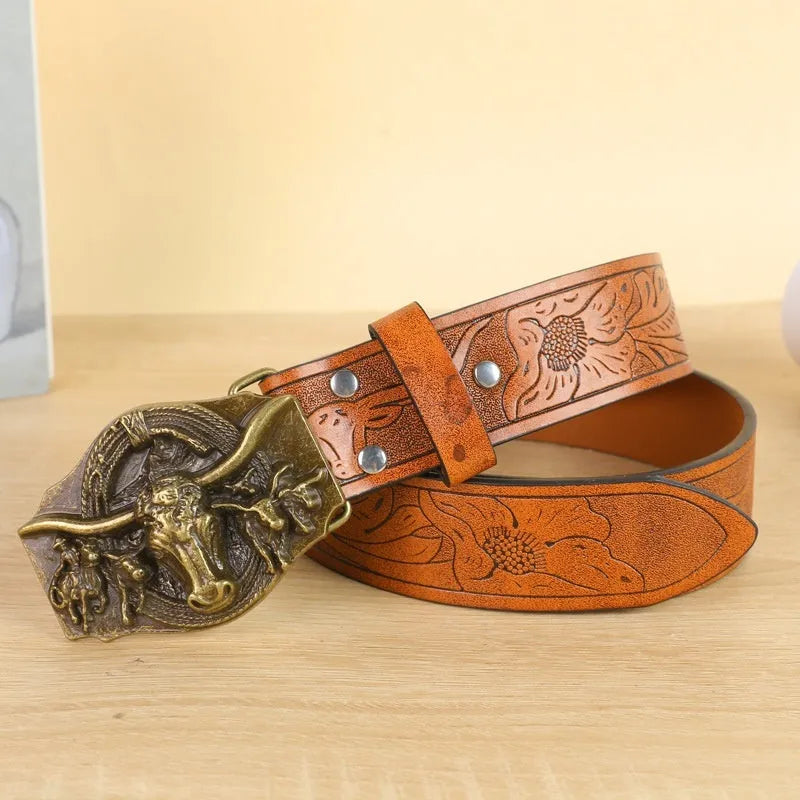 Men's brown imitation leather belt with a detailed silver alloy cow head buckle and pin fastener.