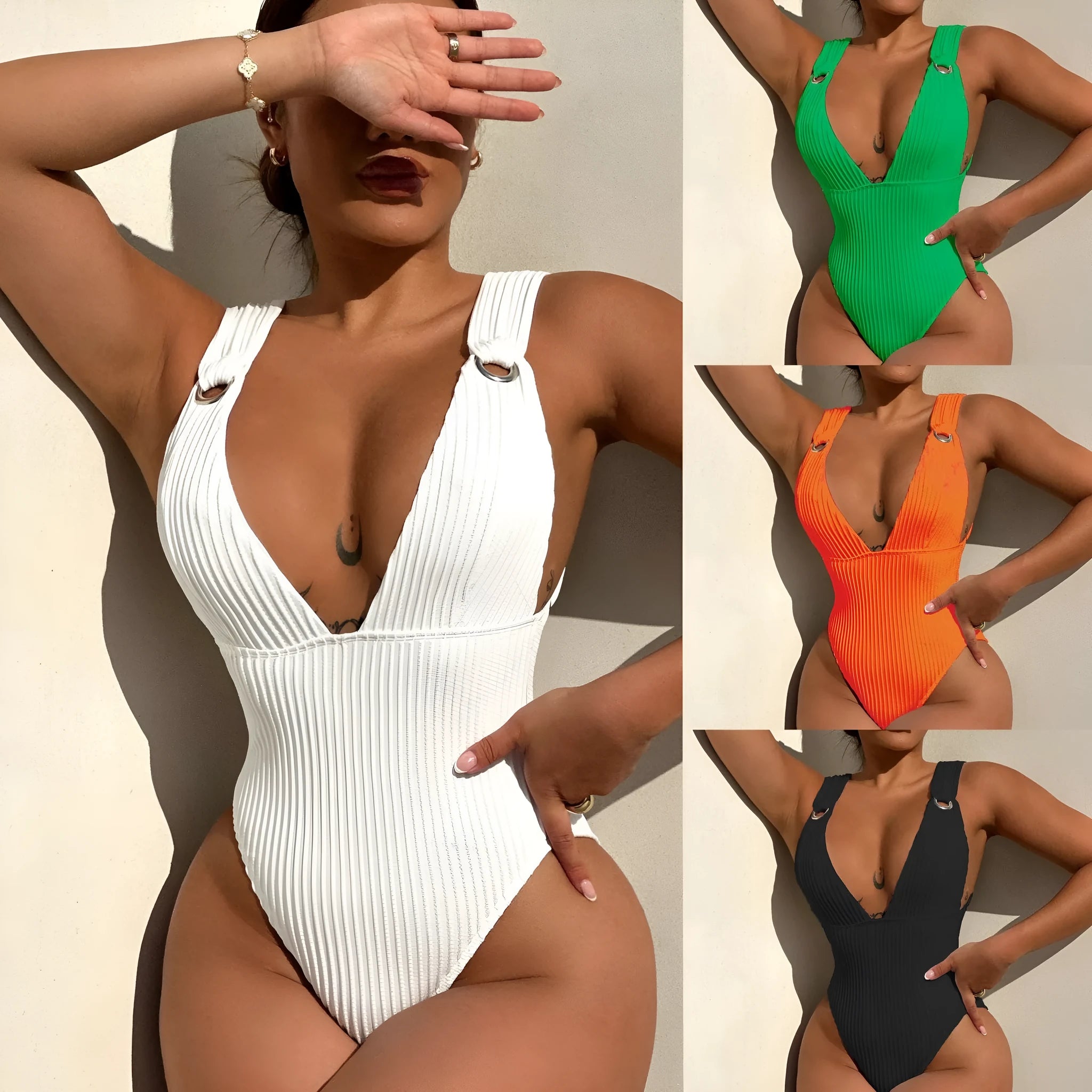 Women's solid colour one-piece swimsuit in spandex, shown in black, white, green, and orange.