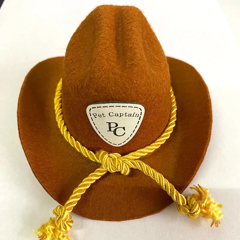 Brown British cowboy hat for a cat on a white background with a black ribbon trim.