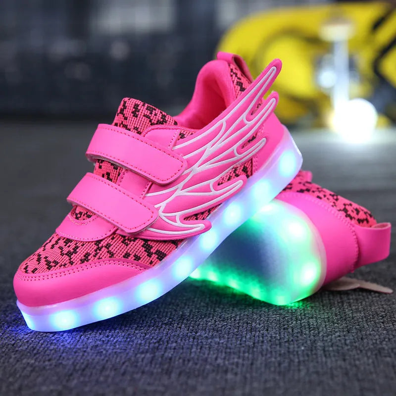 Children's plum red and white LED light up casual sneakers with USB charging port.