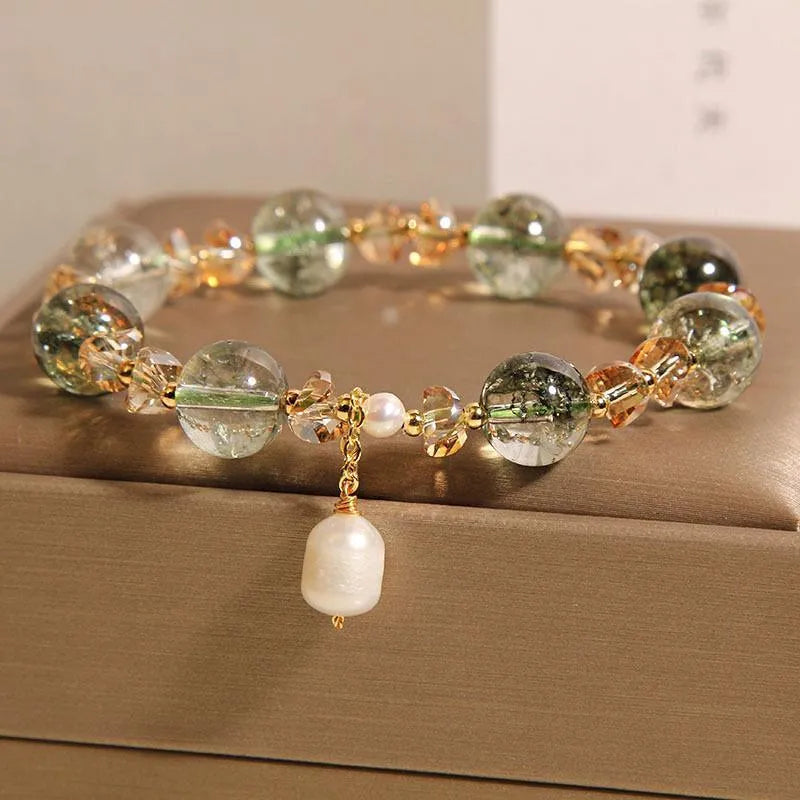 Green phantom quartz and chorite crystal women's bracelet with champagne gravel accents