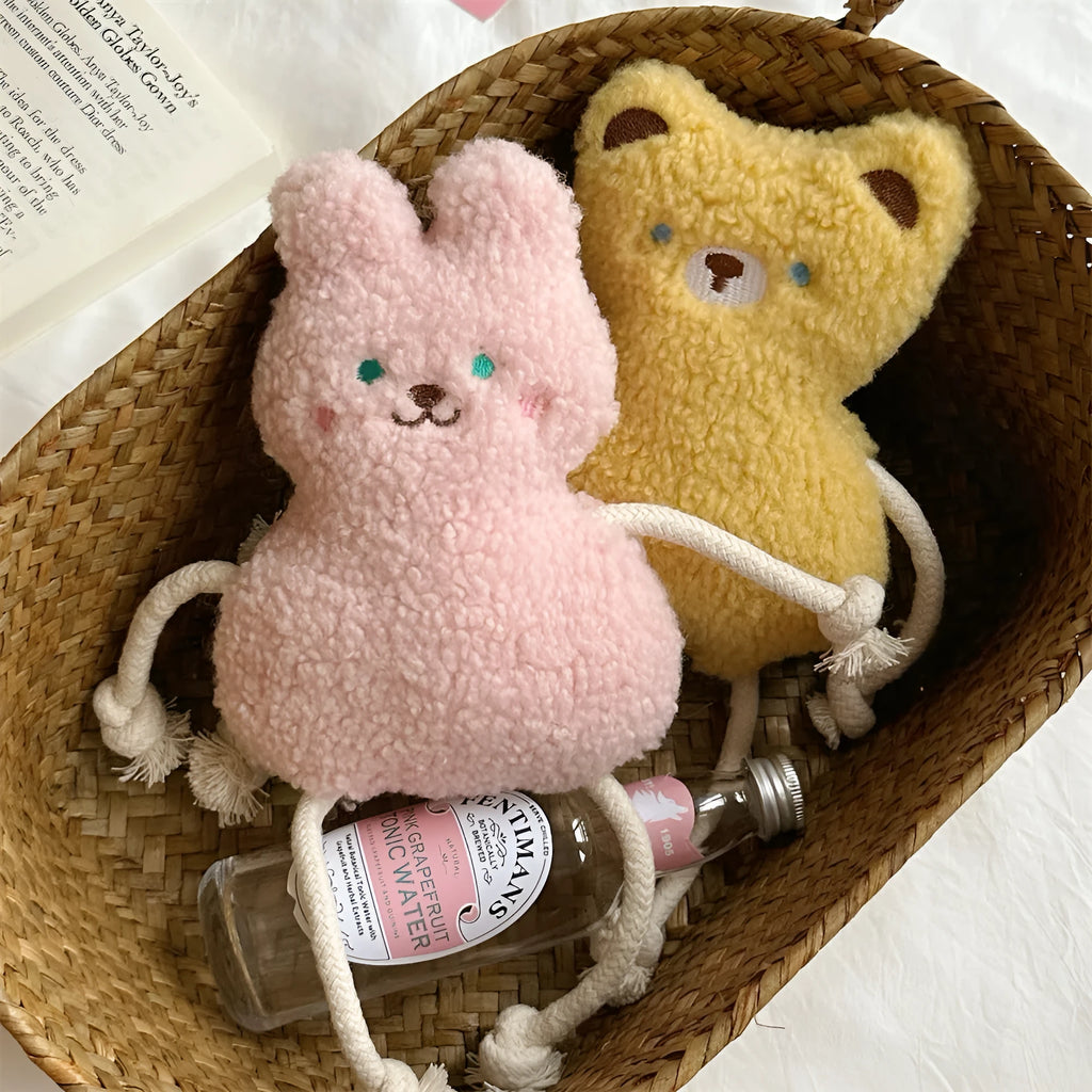 Korean pet plush dog toy with squeaker in pink or yellow colours
