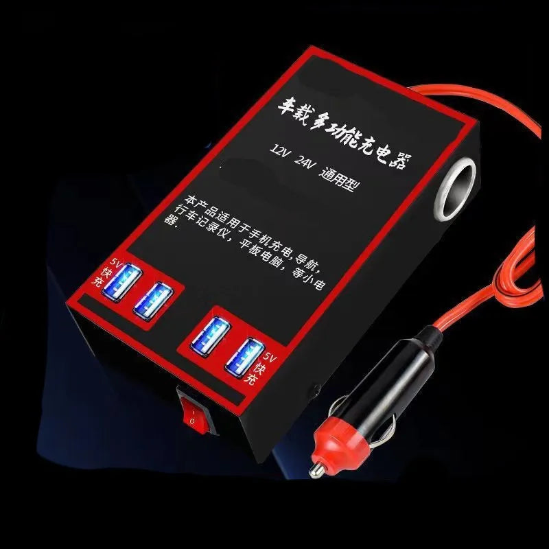 Black automotive power converter for 12V and 24V vehicle systems converting to 220V AC with USB charging ports