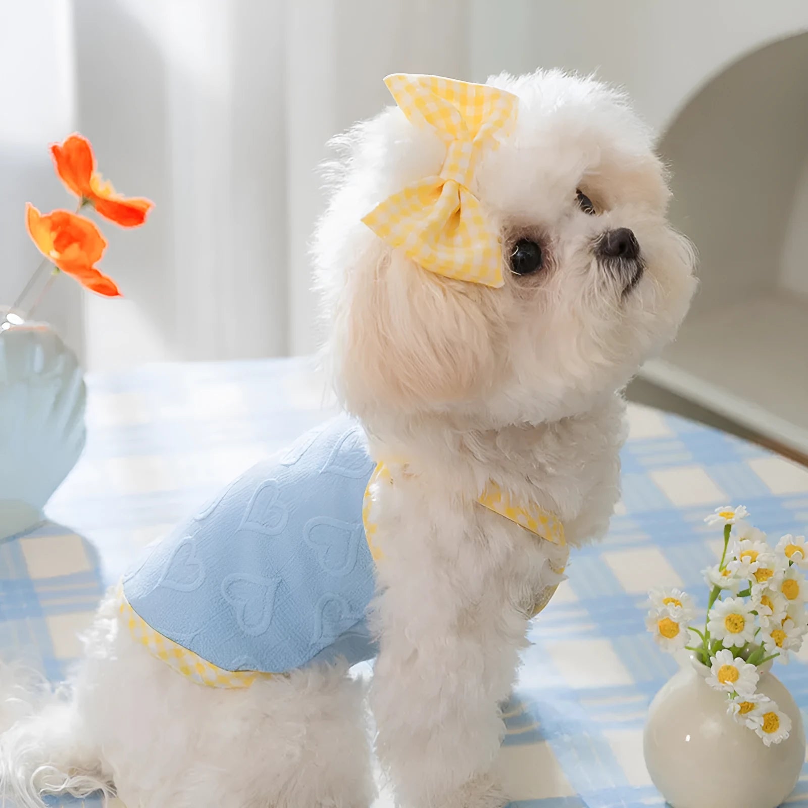 Small dog wearing a blue elastic vest with a heart texture and bow suspenders.