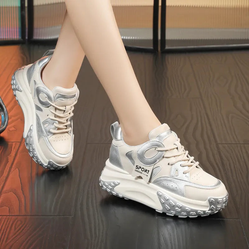 Women's silver leather wedge heel casual shoes with thick sole and lace-up front.