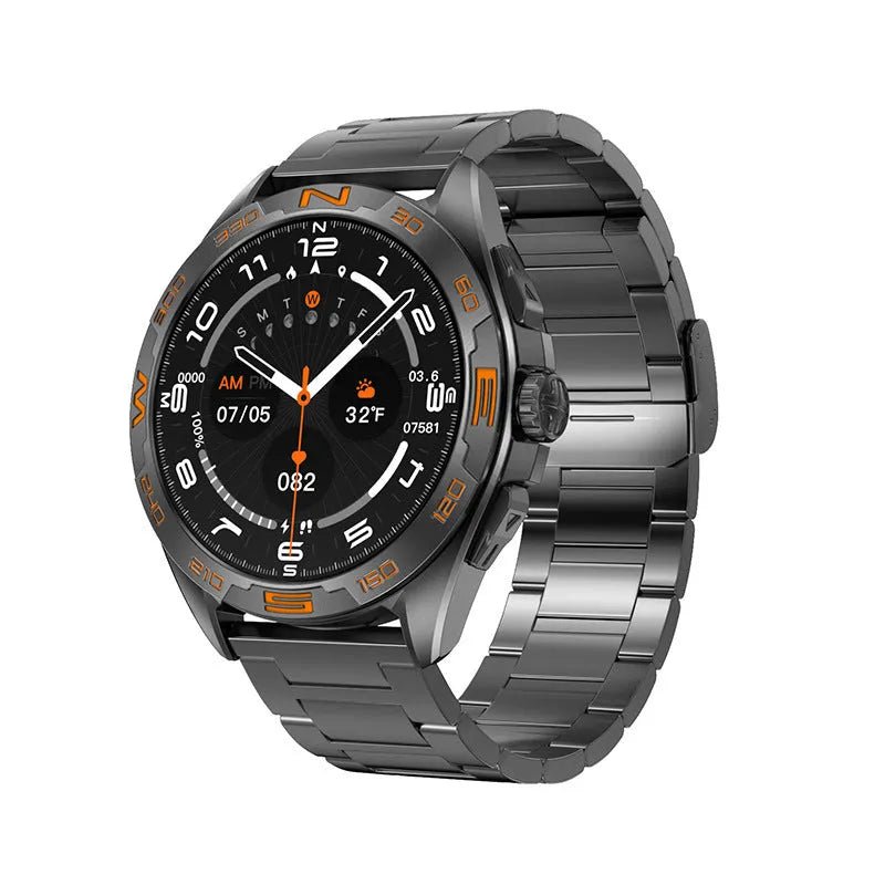 Black smartwatch with health metrics displayed on screen, showing heart rate and blood oxygen readings.