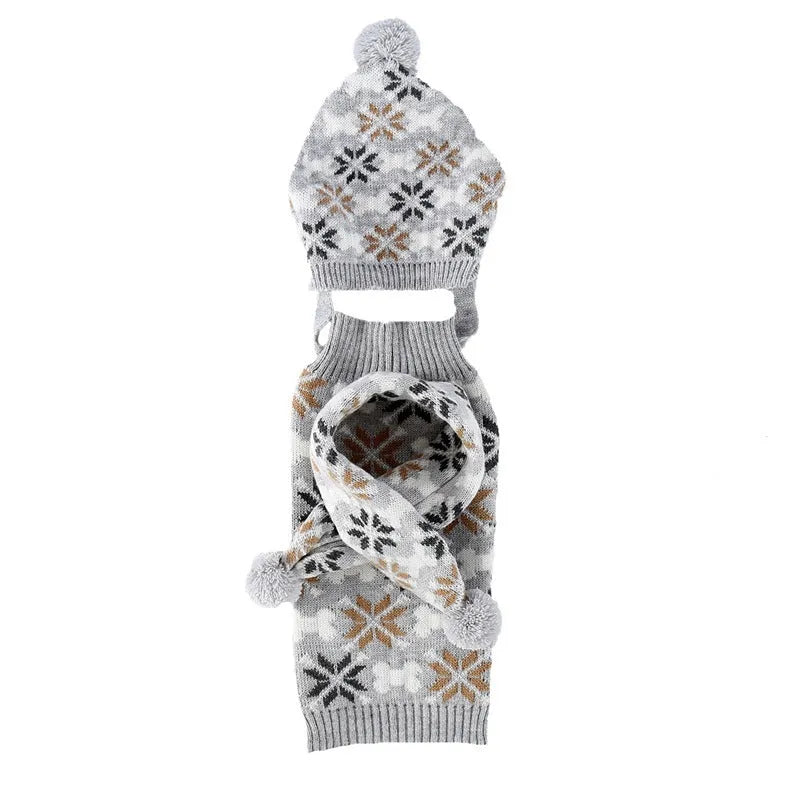 Grey retro jacquard pet sweater, hat, and scarf set on a small dog.