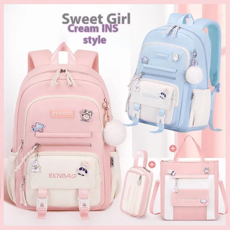 Waterproof girls school backpack in Oxford cloth with childlike cute design and curved shoulder straps