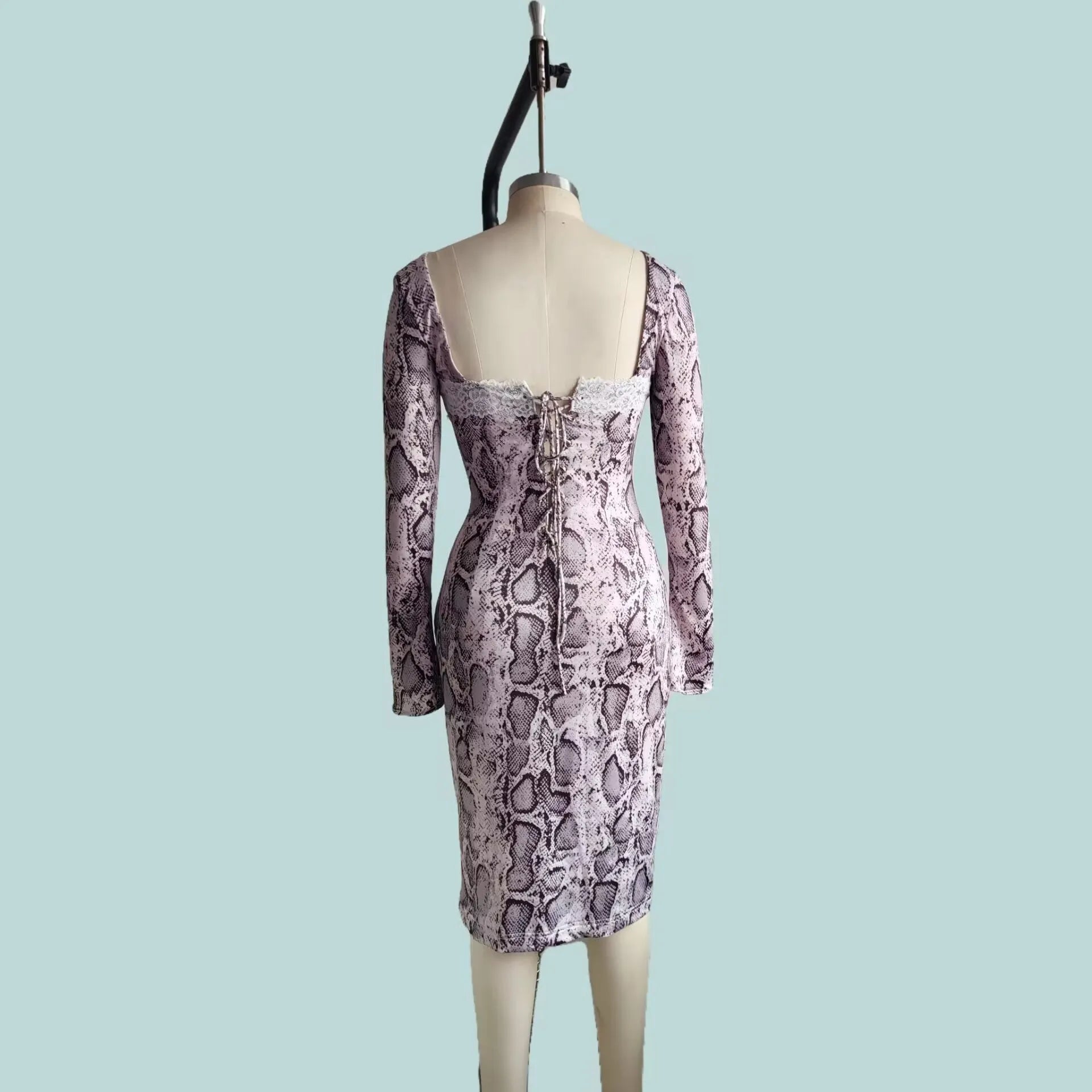 Grey slim fit lace dress with long sleeves, digital 3D print pattern, and an A-line skirt.