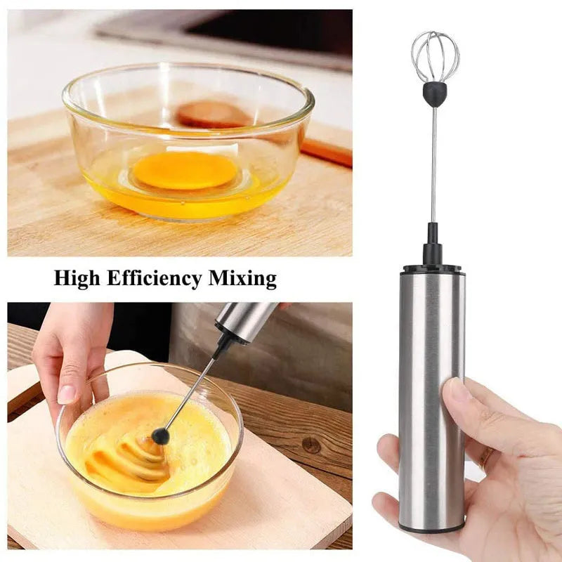 Silver electric milk frother handheld whisk with double stainless steel head on white background