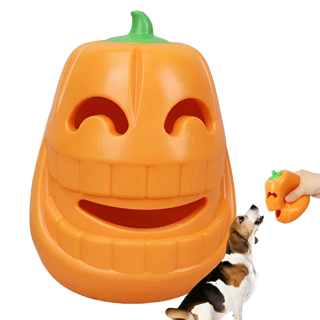 Yellow pumpkin-shaped TPR dog chew toy measuring 8.6x11.5cm for aggressive chewers