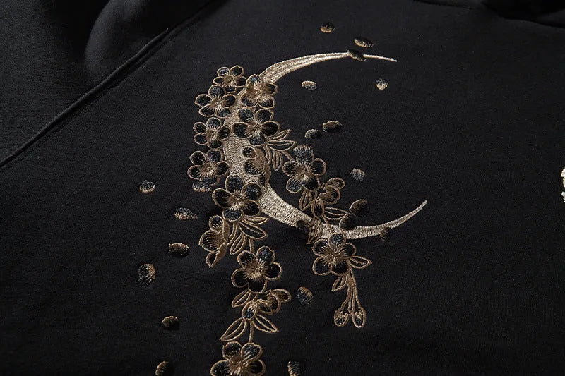 Men's black terry cloth hoodie with full width Chinese embroidery, front view, Asian sizing