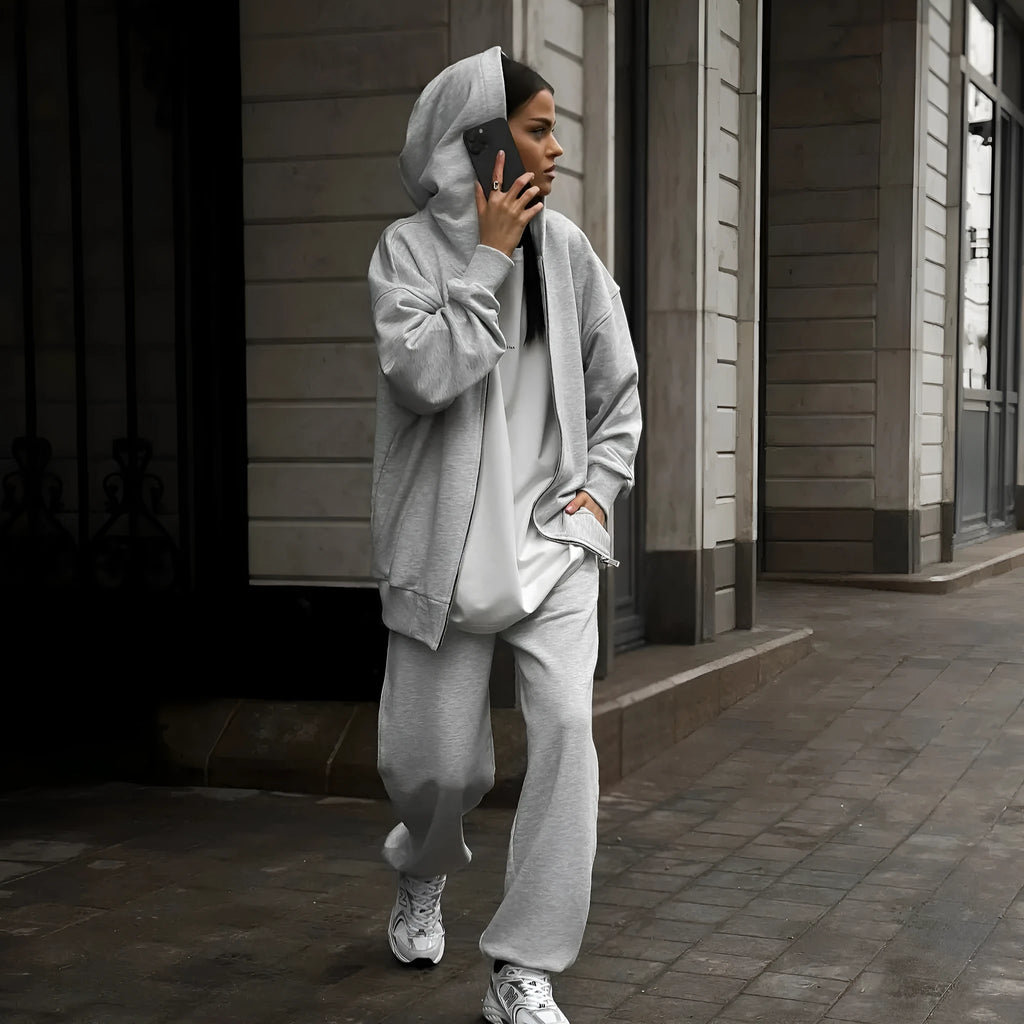 Street style long-sleeved coat and trousers two-piece set in loose fit with solid colour design