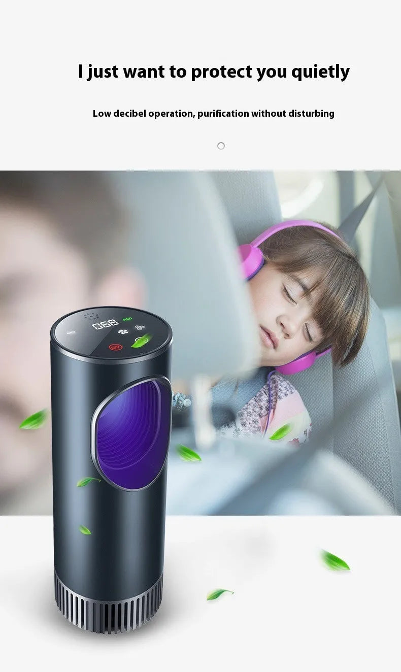 Black USB car air purifier with negative ion technology measuring 187mm tall