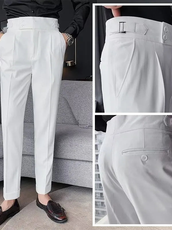 Women's retro high waist straight leg casual trousers in a cotton blend fabric, shown in a solid colour.
