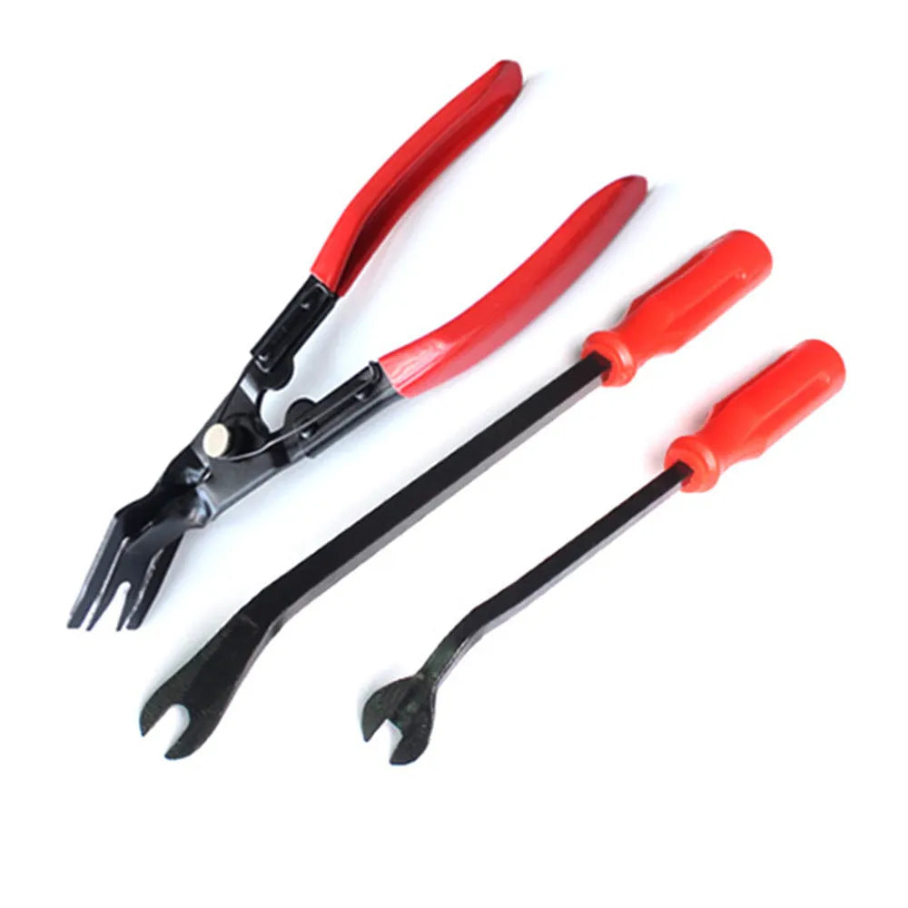 Red-handled steel automotive clip removal pliers for door panel fasteners.