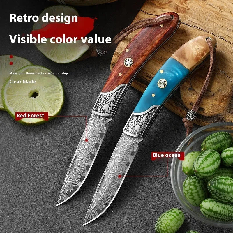 VG10 stainless steel folding knife with handmade national style dovetail patterning in blue or red options