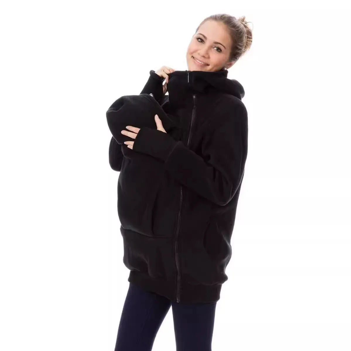 Red loose-fit polar fleece women's sweater with long sleeves on a hanger.