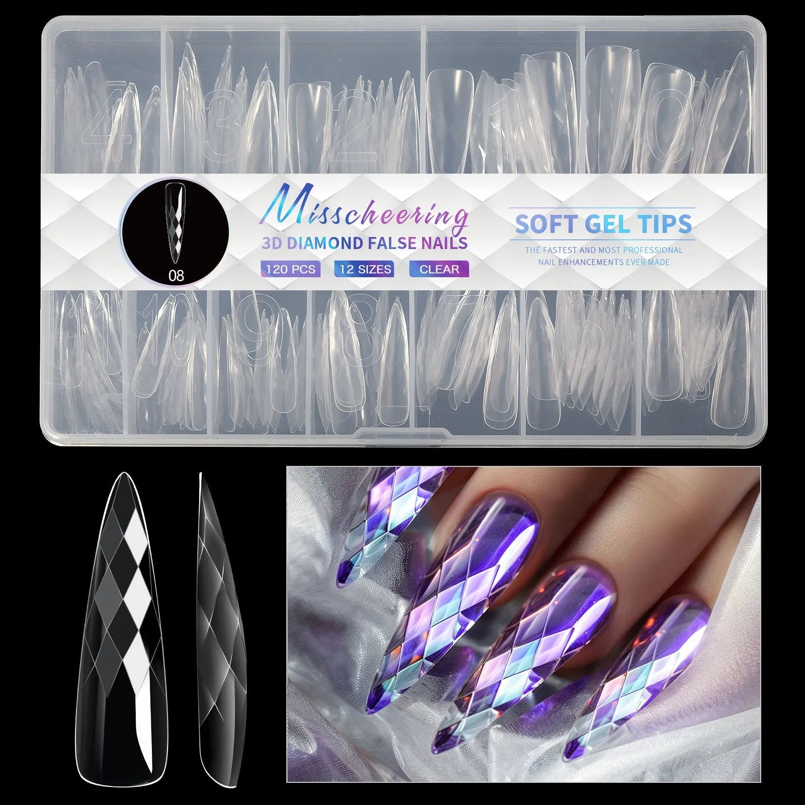 3D diamond pattern long nail tips in glitter colours for nail art enhancement