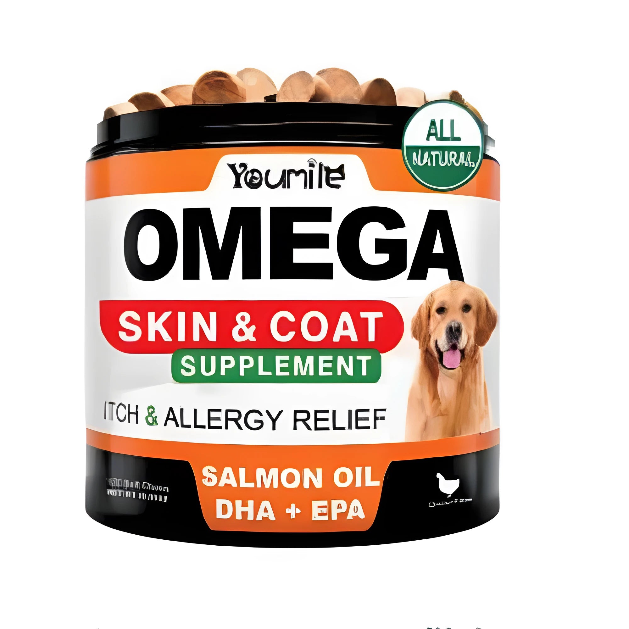 Bottle of 120 fish oil chewing capsules, a dietary health supplement.