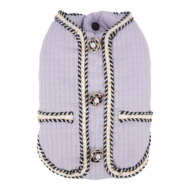 Cartoon-style quilted dog coat in light purple colour on mannequin