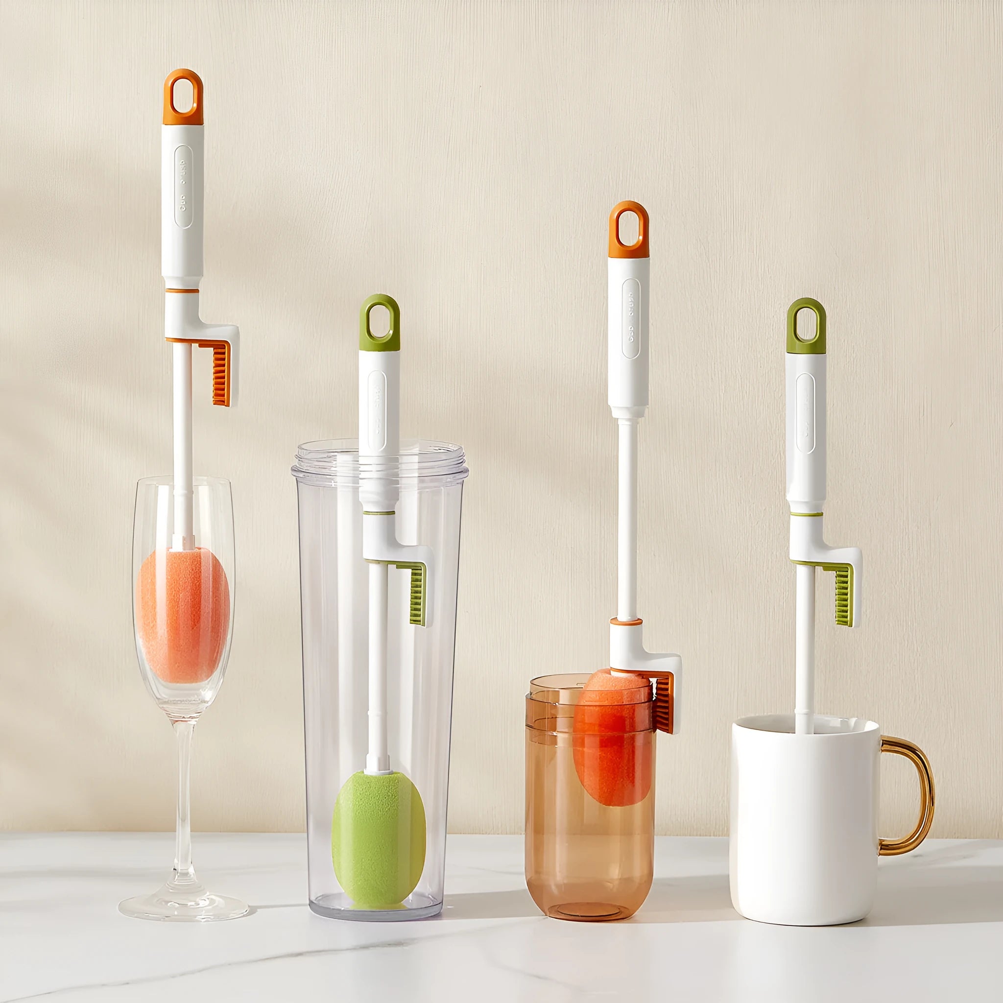 Long handle plastic cup brush for bottle cleaning in orange colour option