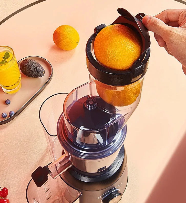 Grey juicing machine with multi-function separator, 90mm caliber, 600ml juice cup, slow 59 rpm extraction, US plug